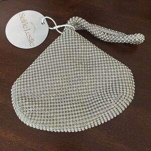 NWT Silver  rhinestone wrist evening bag. Selfie Leslie